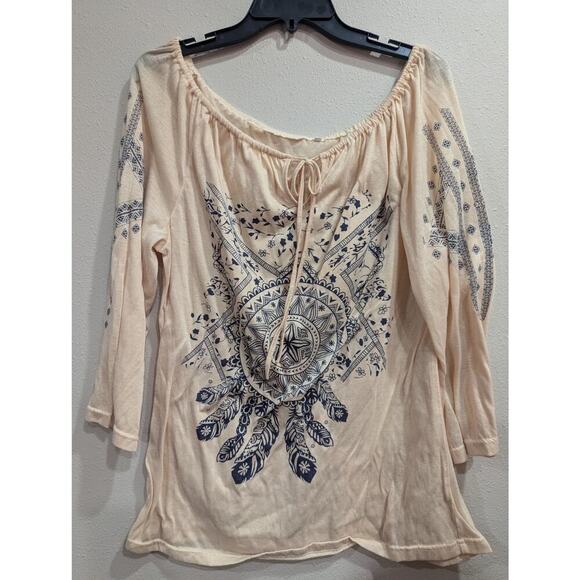 Gauzy cream color top w/blue Indigenous Dream catcher print 3XL - Picture 1 of 6